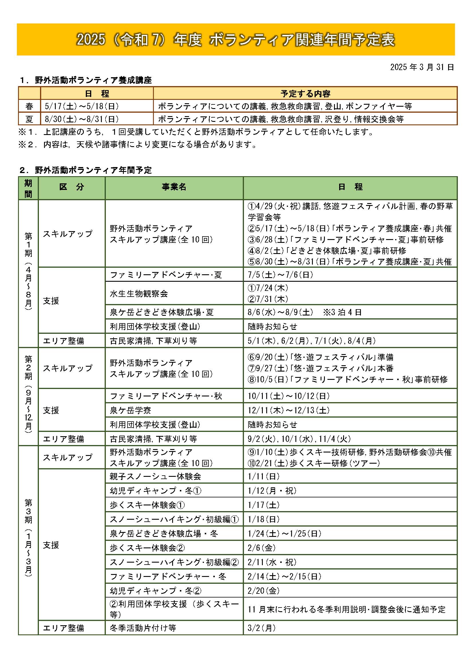 ボランティア関連年間予定表